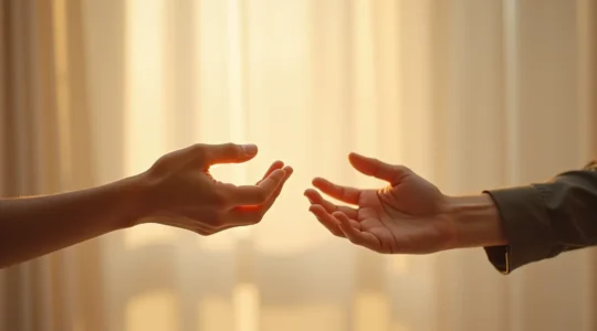 Deux mains se rejoignent dans un geste de confiance et de collaboration sur fond lumineux minimaliste
