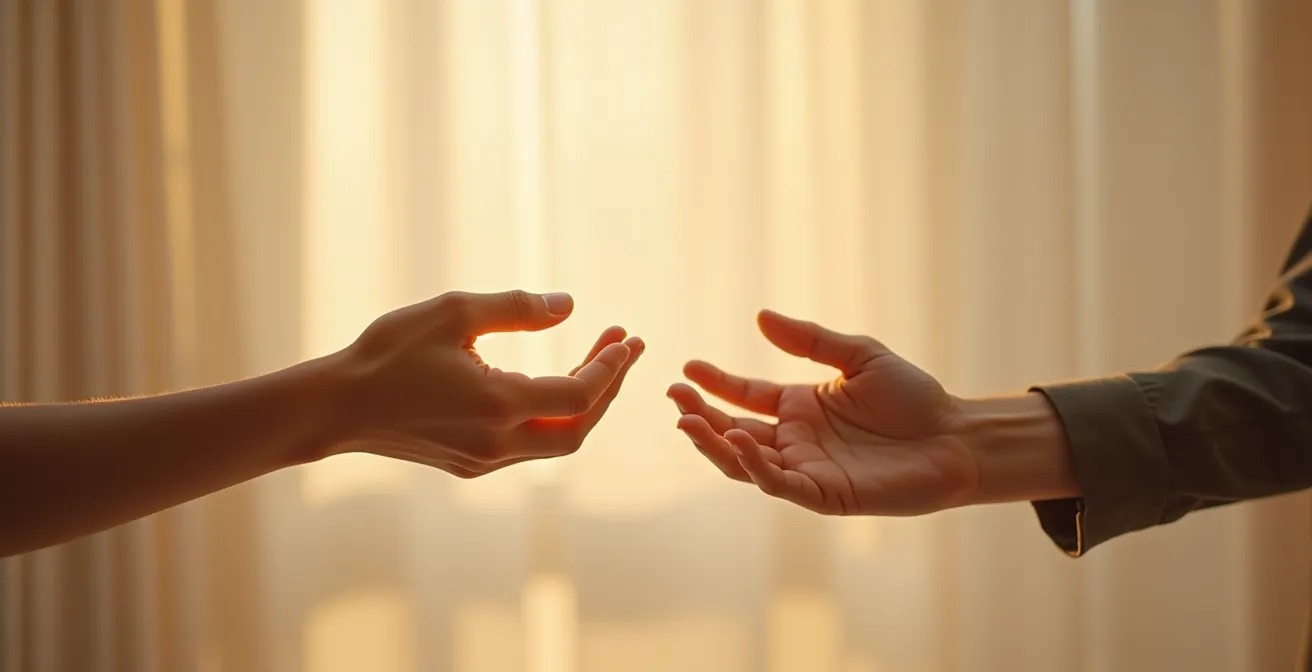 Deux mains se rejoignent dans un geste de confiance et de collaboration sur fond lumineux minimaliste
