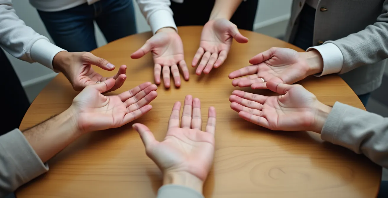 Mains de plusieurs personnes disposées en cercle au-dessus d'une table de travail dans une posture de collaboration