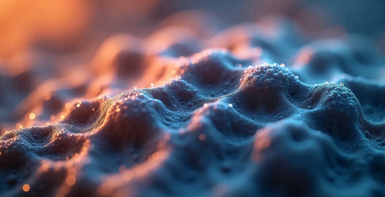 Vue macro d'une surface organique texturée évoquant la complexité des connexions neuronales